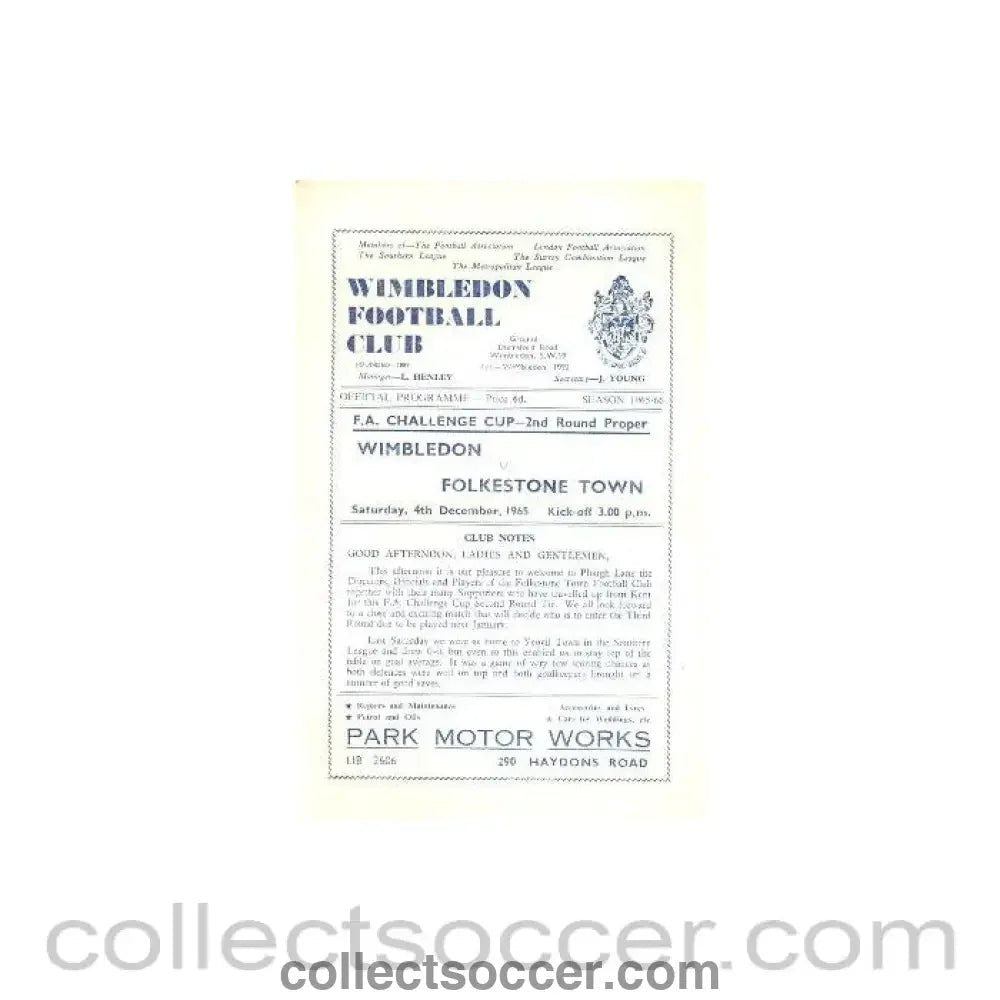 1965 - Wimbledon v Folkstone Town official programme 04/12/1965 - Collect Soccer