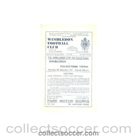 1965 - Wimbledon v Folkstone Town official programme 04/12/1965 - Collect Soccer