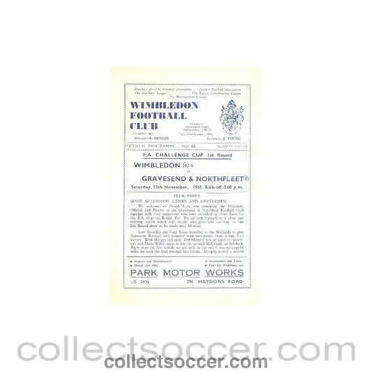 1965 - Wimbledon v Gravesend & Northfleet official programme 13/11/1965 - Collect Soccer