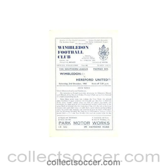 1965 - Wimbledon v Hereford United official programme 02/10/1965 - Collect Soccer