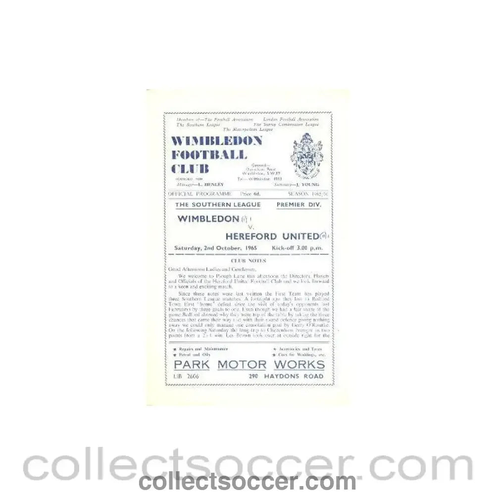 1965 - Wimbledon v Hereford United official programme 02/10/1965 - Collect Soccer