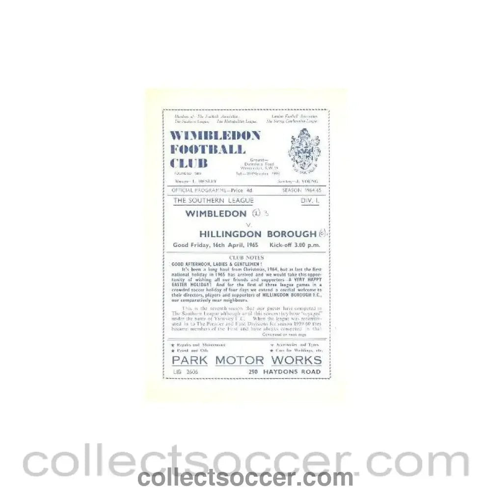 1965 - Wimbledon v Hillingdon Borough official programme 16/04/1965 - Collect Soccer