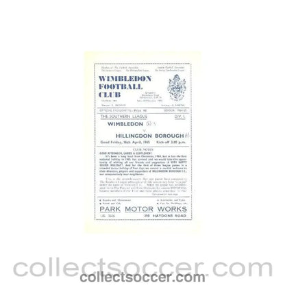 1965 - Wimbledon v Hillingdon Borough official programme 16/04/1965 - Collect Soccer