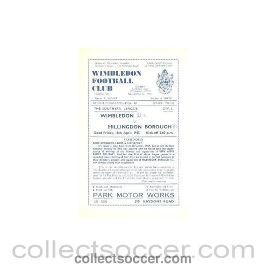 1965 - Wimbledon v Hillingdon Borough official programme 16/04/1965 - Collect Soccer