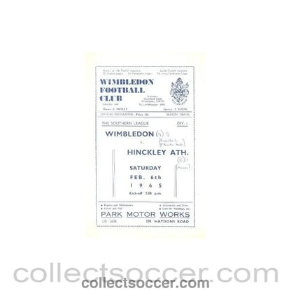 1965 - Wimbledon v Hinckley Athletic official programme 06/02/1965 - Collect Soccer