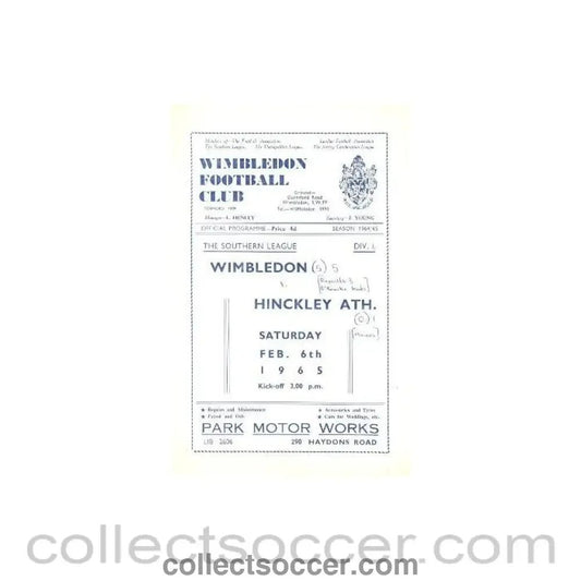 1965 - Wimbledon v Hinckley Athletic official programme 06/02/1965 - Collect Soccer