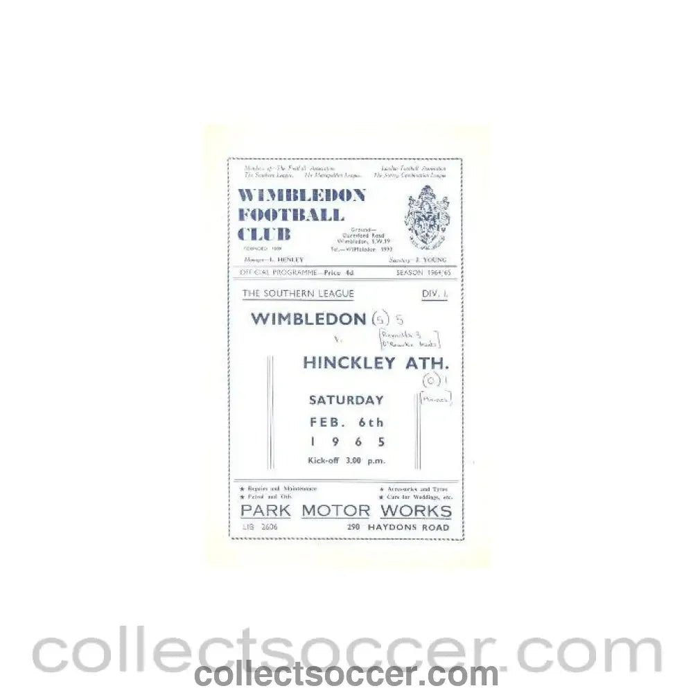 1965 - Wimbledon v Hinckley Athletic official programme 06/02/1965 - Collect Soccer