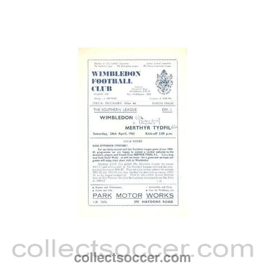 1965 - Wimbledon v Merthyr Tydfil official programme 24/04/1965 - Collect Soccer