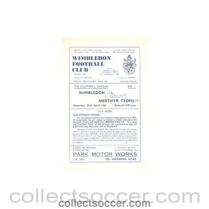 1965 - Wimbledon v Merthyr Tydfil official programme 24/04/1965 - Collect Soccer