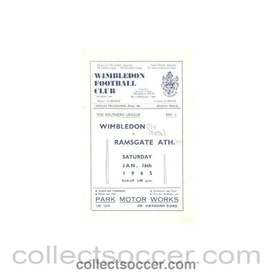 1965 - Wimbledon v Ramsgate Athletic official programme 16/01/1965 - Collect Soccer