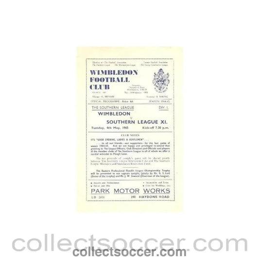 1965 - Wimbledon v Southern League XI official programme 04/05/1965 - Collect Soccer