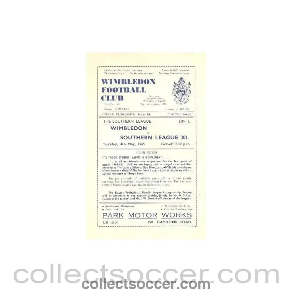 1965 - Wimbledon v Southern League XI official programme 04/05/1965 - Collect Soccer