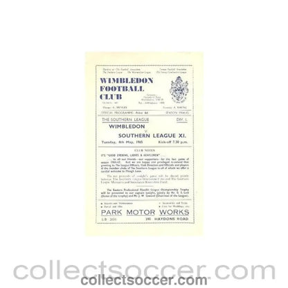 1965 - Wimbledon v Southern League XI official programme 04/05/1965 - Collect Soccer