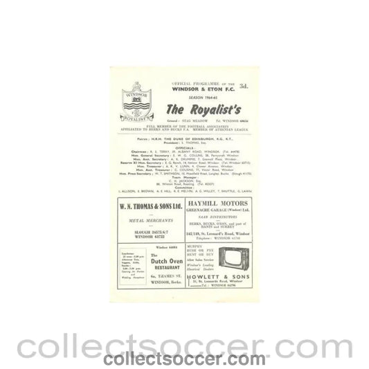 1965 - Windsor & Eton v Croydon Amateurs official programme 06/03/1965 - Collect Soccer