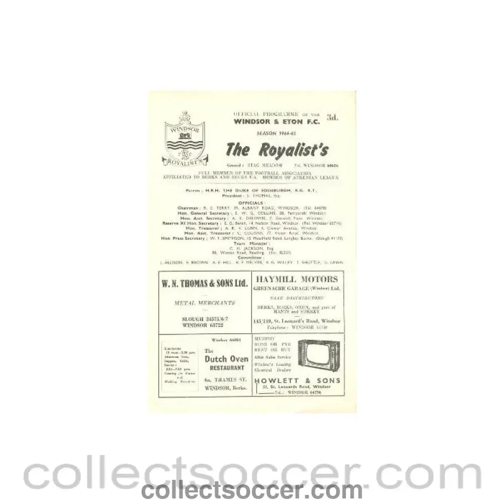 1965 - Windsor & Eton v Croydon official programme 06/03/1965 - Collect Soccer