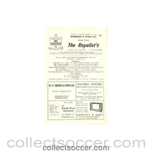 1965 - Windsor & Eton v Croydon official programme 06/03/1965 - Collect Soccer