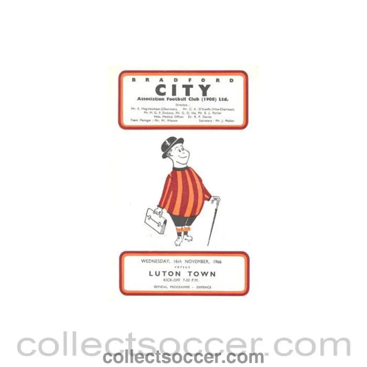 1966 - Bradford v Luton Town official programme 16/11/1966 Football League - Collect Soccer