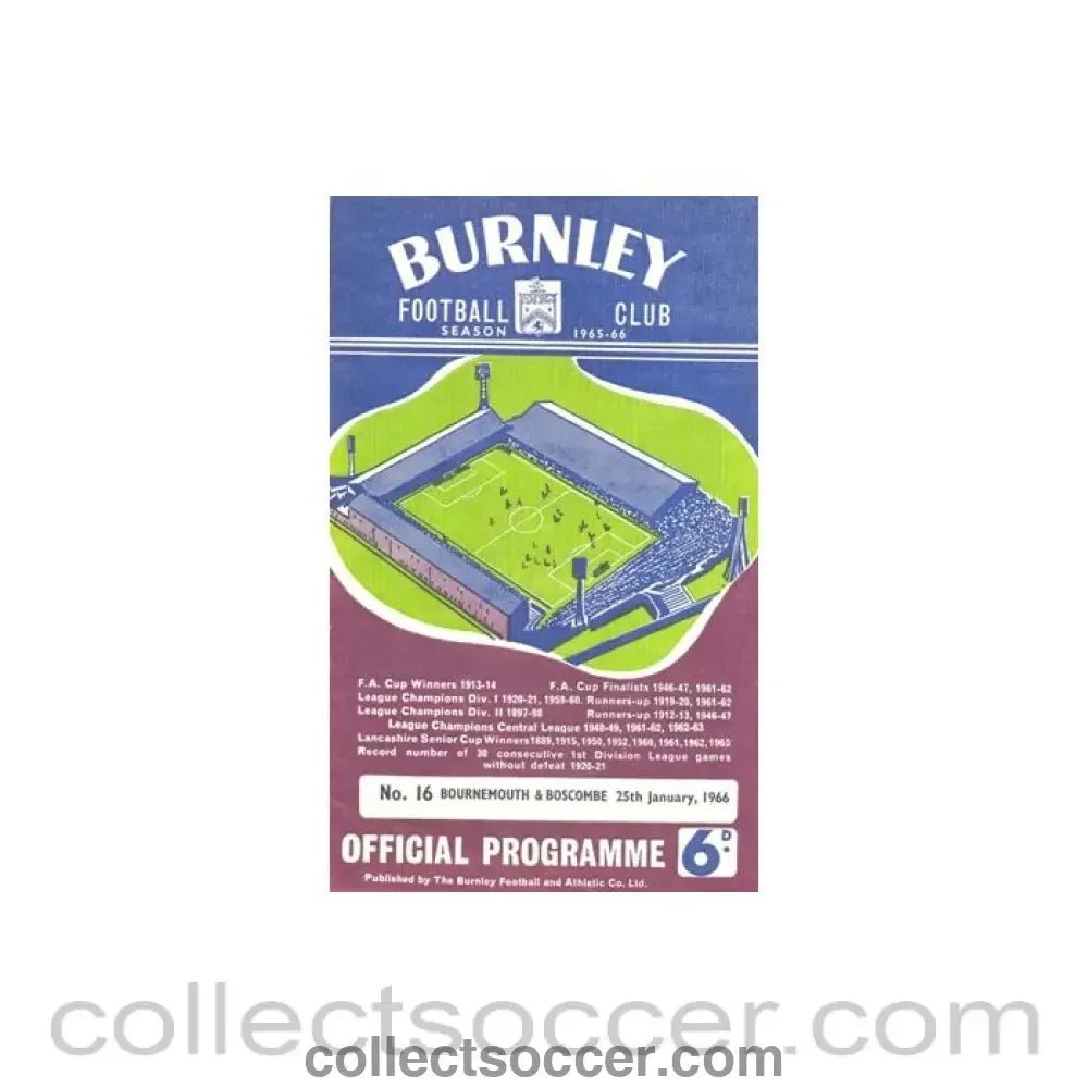 1966 - Burnley v Bournemouth & Boscombe official programme 25/01/1966 - Collect Soccer