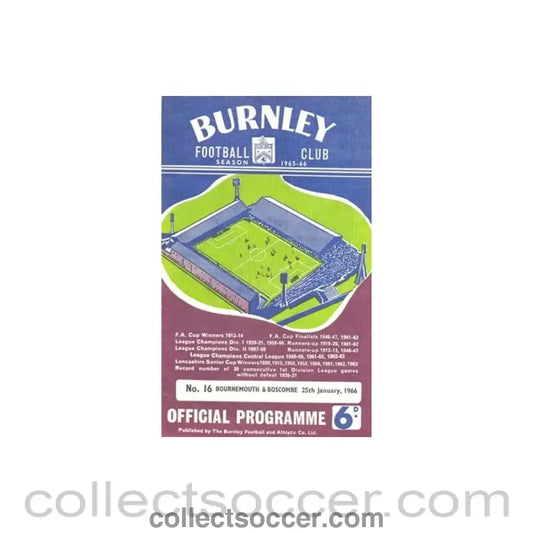 1966 - Burnley v Bournemouth & Boscombe official programme 25/01/1966
