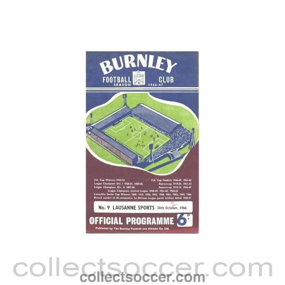 1966 - Burnley v Lausanne Sports official programme 25/10/1966 - Collect Soccer