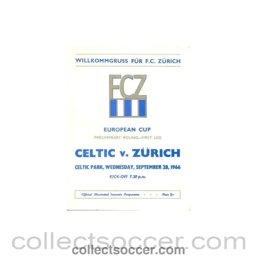 1966 - Celtic v Zurich official programme 28/09/1966 - Collect Soccer
