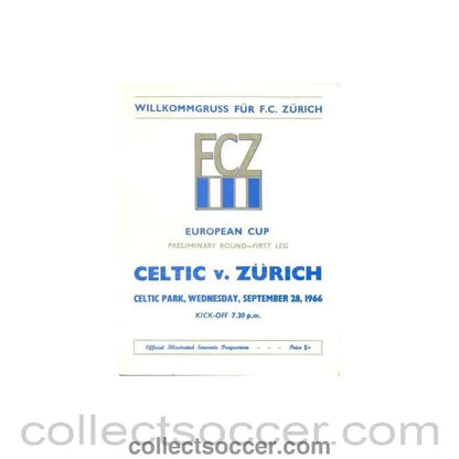 1966 - Celtic v Zurich official programme 28/09/1966 - Collect Soccer