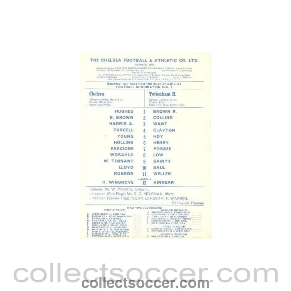 1966 - Chelsea Reserves v Tottenham Hotspur Reserves official programme 12/11/1966