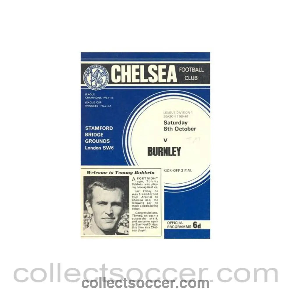1966 - Chelsea v Burnley official programme 08/10/1966 Football League token missing and hence half price