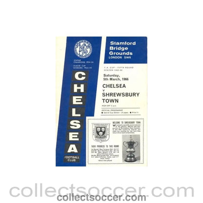 1966 - Chelsea v Shrewsbury Town official programme 05/03/1966 very rare