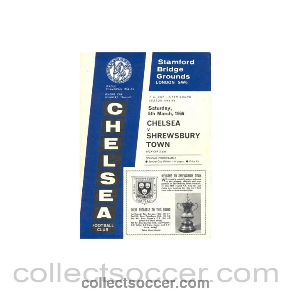 1966 - Chelsea v Shrewsbury Town official programme 05/03/1966 very rare