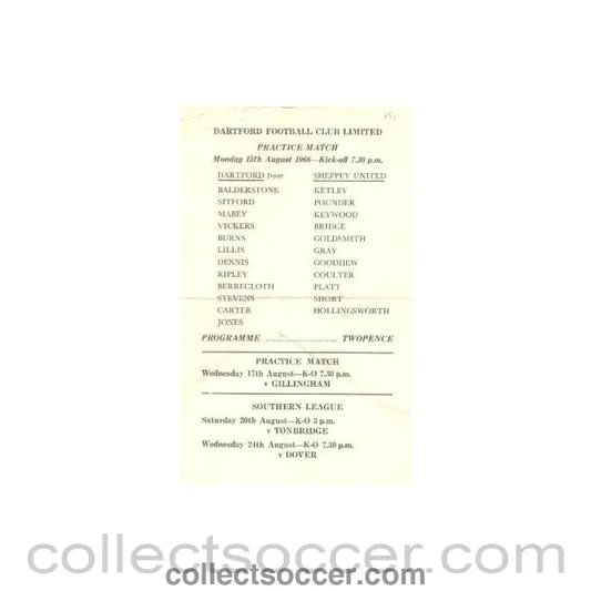 1966 - Dartford v Sheppey United official programme 15/08/1966 practice match - Collect Soccer