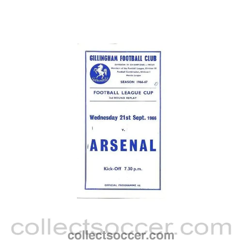1966 - Gillingham v Arsenal official programme 21/09/1966 - Collect Soccer