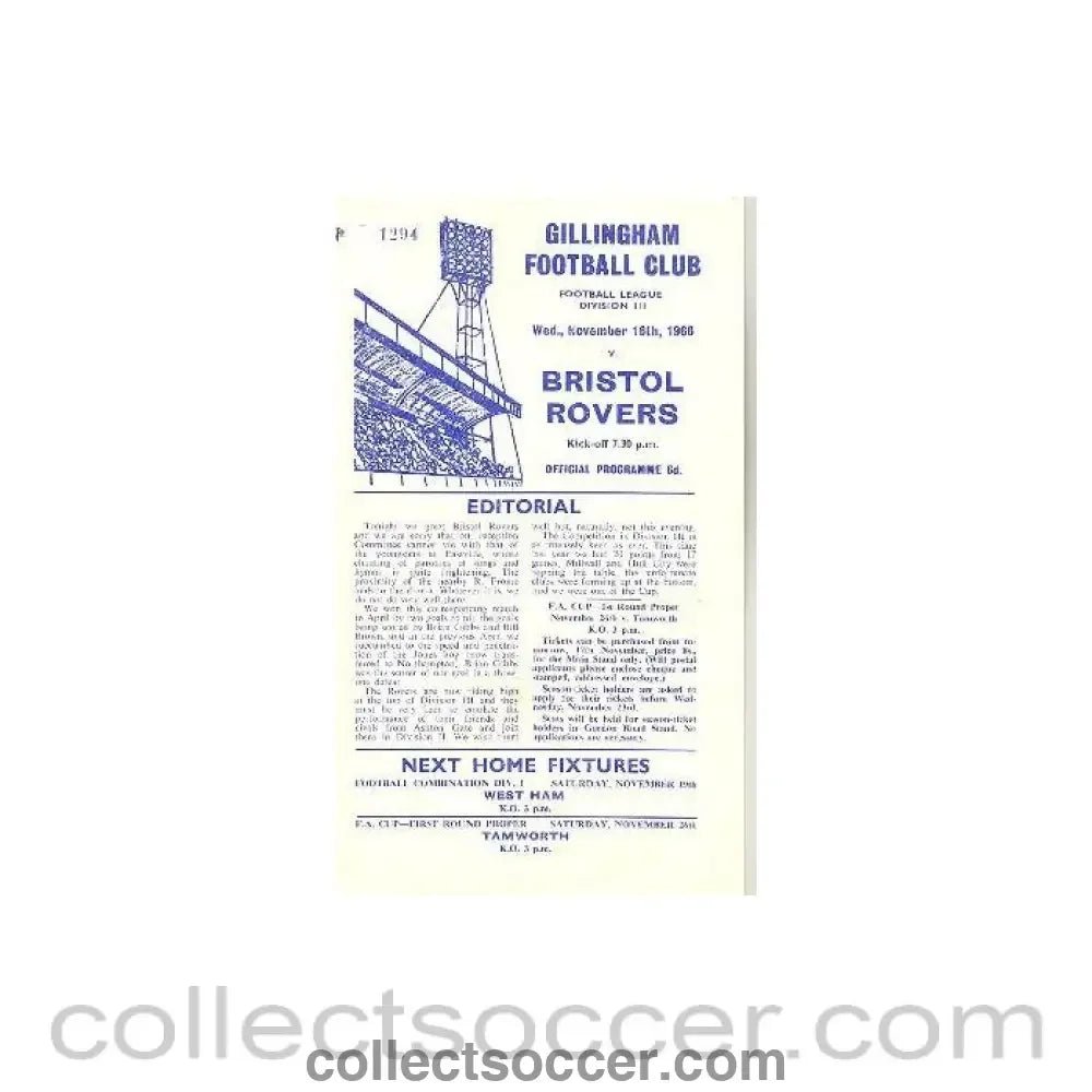 1966 - Gillingham v Bristol Rovers official programme 16/11/1966 - Collect Soccer