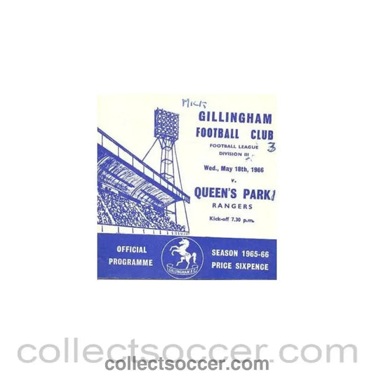 1966 - Gillingham v Queen's Park Rangers official programme 18/05/1966 - Collect Soccer