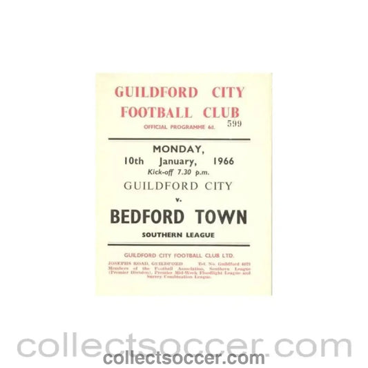 1966 - Guildford City v Bedford Town official programme 10/01/1966 - Collect Soccer