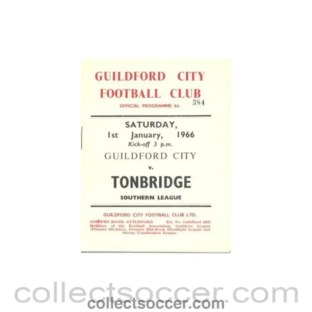 1966 - Guildford City v Tonbridge official programme 01/01/1966 - Collect Soccer