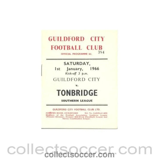 1966 - Guildford City v Tonbridge official programme 01/01/1966 - Collect Soccer