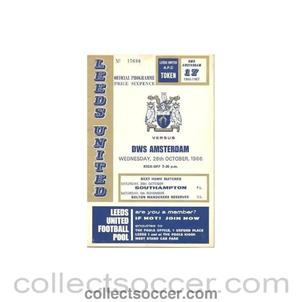 1966 - Leeds United v DWS Amsterdam official programme 26/10/1966 - Collect Soccer