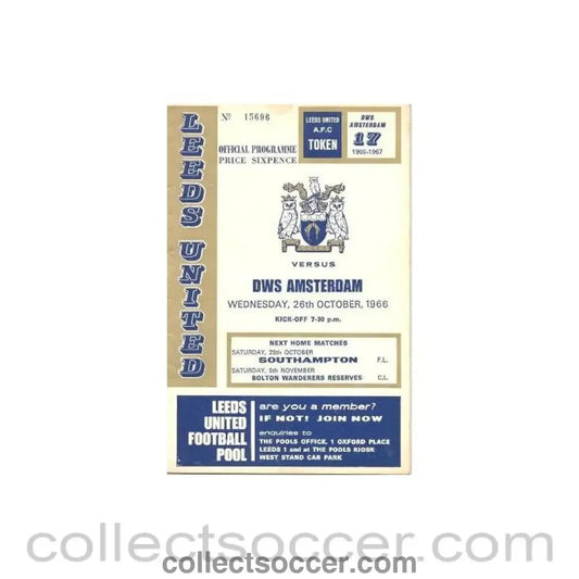 1966 - Leeds United v DWS Amsterdam official programme 26/10/1966 - Collect Soccer