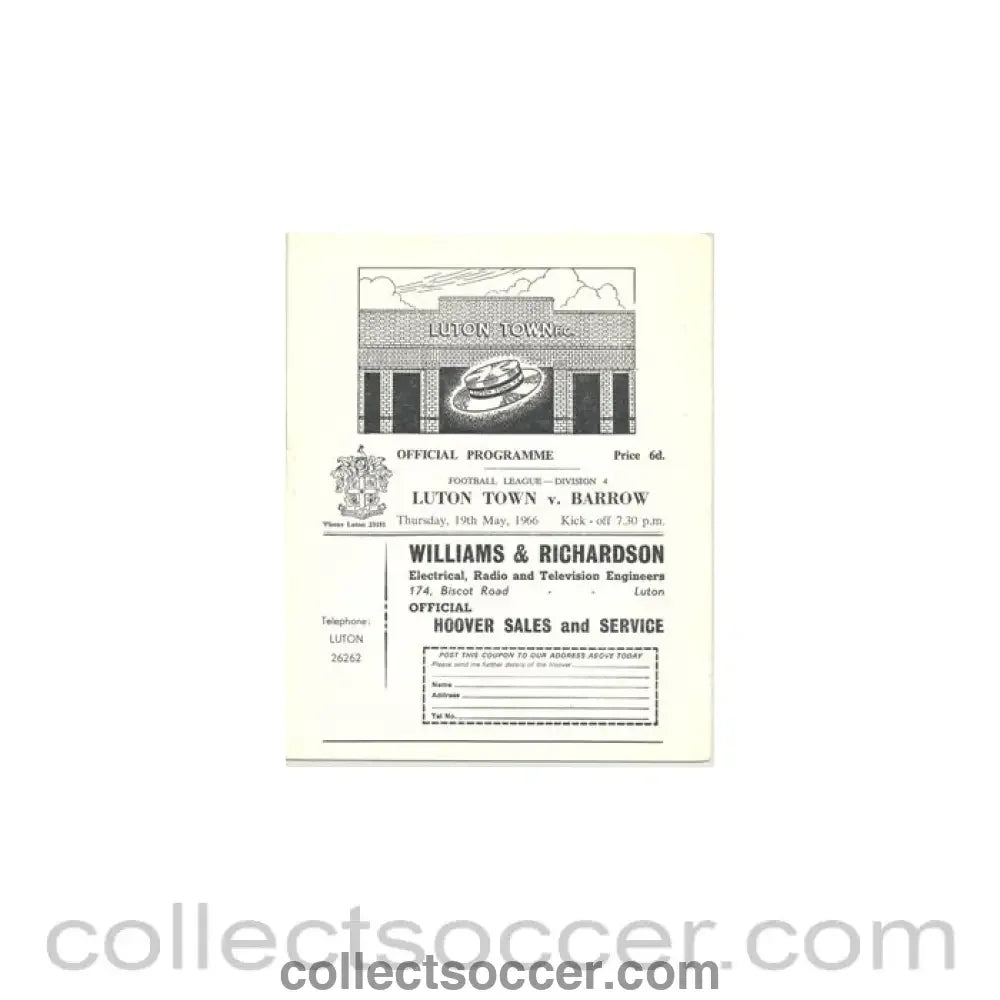 1966 - Luton Town v Barrow official programme 19/05/1966 - Collect Soccer