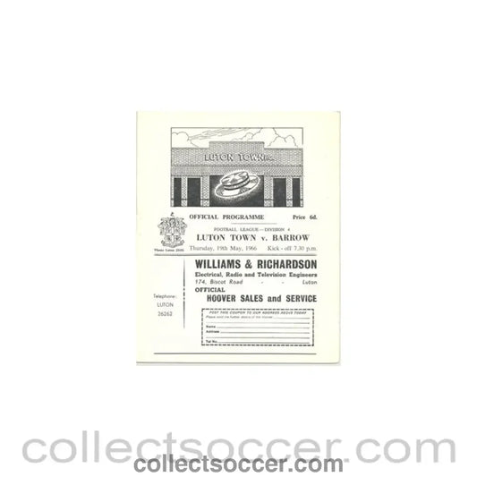 1966 - Luton Town v Barrow official programme 19/05/1966 - Collect Soccer