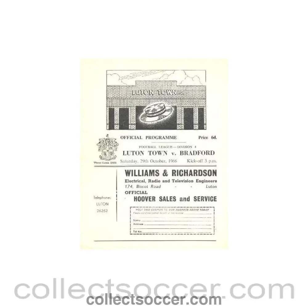 1966 - Luton Town v Bradford official programme 29/10/1966 - Collect Soccer