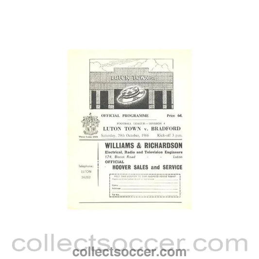 1966 - Luton Town v Bradford official programme 29/10/1966 - Collect Soccer