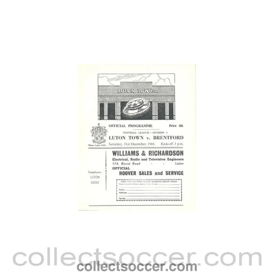 1966 - Luton Town v Brentford official programme 31/12/1966 - Collect Soccer