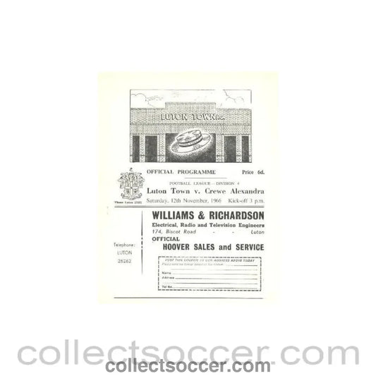 1966 - Luton Town v Crewe Alexandra official programme 12/11/1966 - Collect Soccer