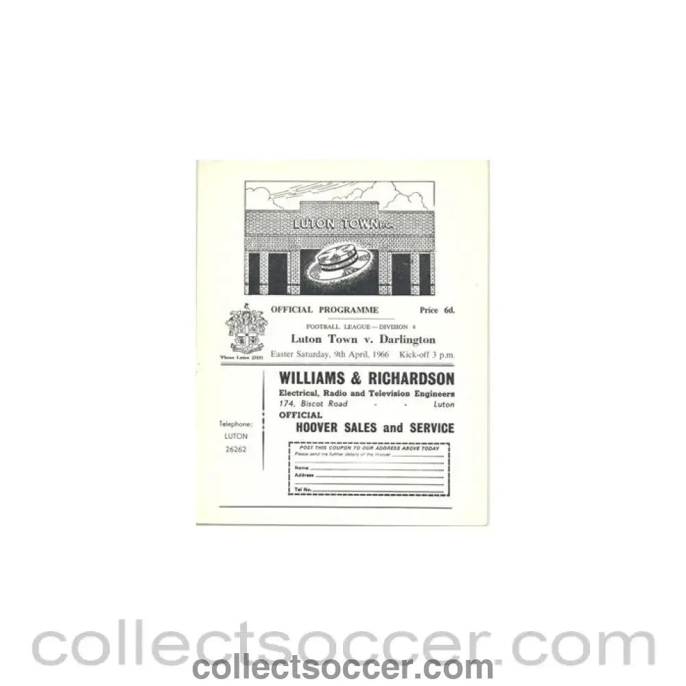 1966 - Luton Town v Darlington official programme 09/04/1966 - Collect Soccer
