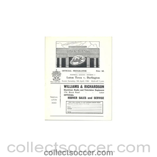1966 - Luton Town v Darlington official programme 09/04/1966 - Collect Soccer