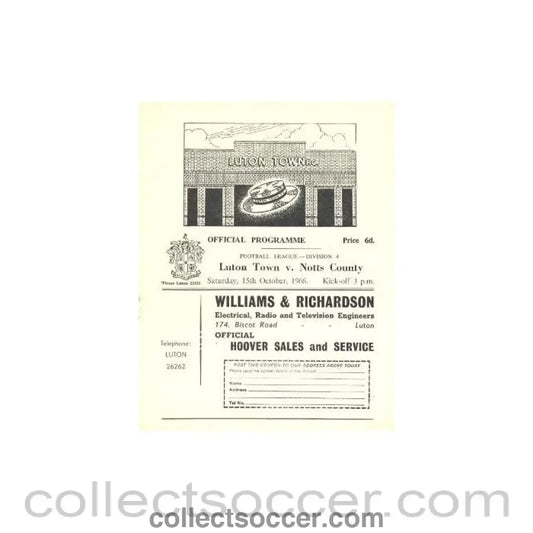 1966 - Luton Town v Notts County official programme 15/10/1966 - Collect Soccer