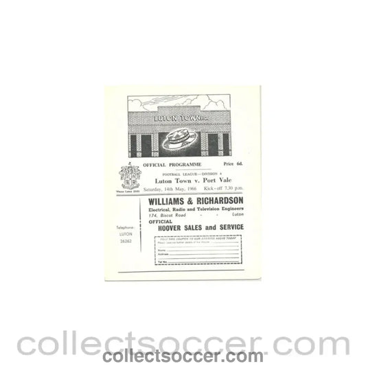 1966 - Luton Town v Port Vale official programme 14/05/1966 - Collect Soccer