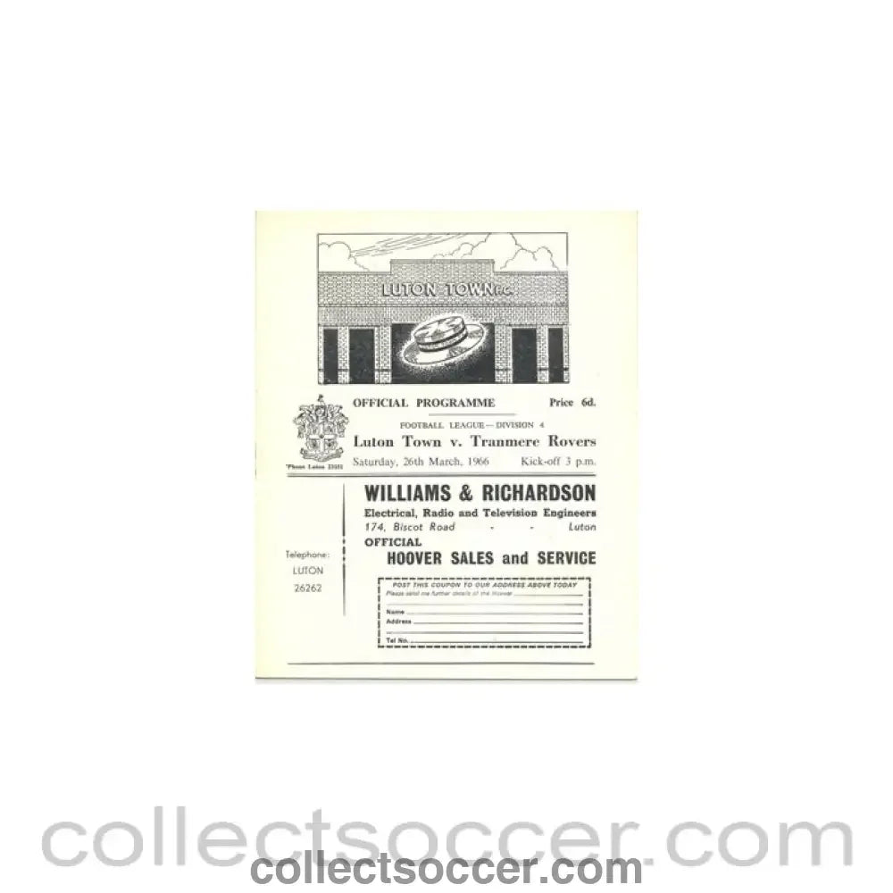 1966 - Luton Town v Tranmere Rovers official programme 26/03/1966 - Collect Soccer